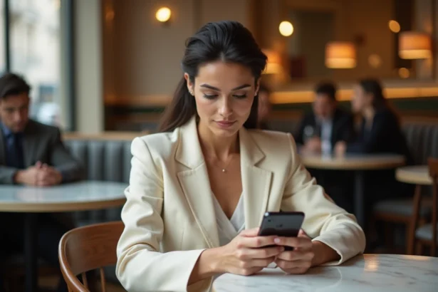 Femme élégante dans un café parisien consultant son téléphone avec curiosité, illustrant l'intérêt des internautes pour la vie de Samantha de Bendern