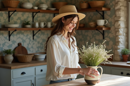Jeune femme arrangeant des fleurs dans une cuisine rustique