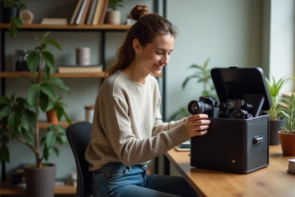 Femme arrangeant du matériel photo dans une pochette compacte