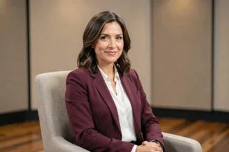 Femme élégante en blazer bordeaux assise dans un studio de télévision lors d'une interview, sourire discret et posture maîtrisée
