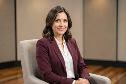 Femme élégante en blazer bordeaux assise dans un studio de télévision lors d'une interview, sourire discret et posture maîtrisée