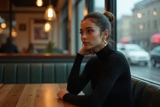 Jeune femme élégante regardant par la fenêtre pluvieuse