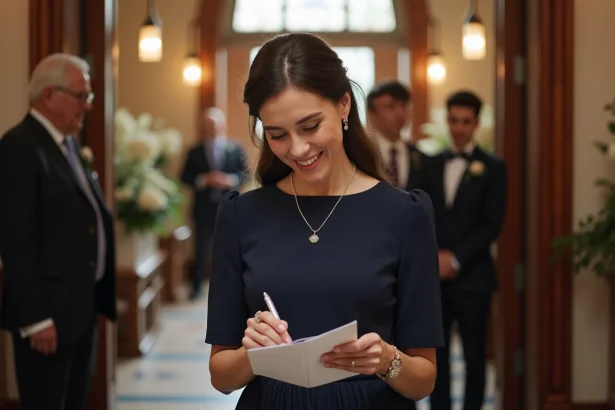 Femme élégante vérifiant un planning de mariage dans une église