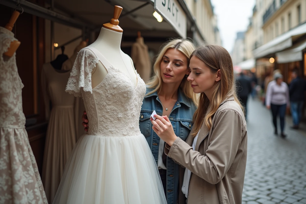 Mère et fille examinent une robe de mariage dans un marché parisien