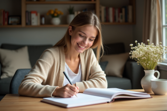 Jeune femme écrivant dans un guestbook chaleureux