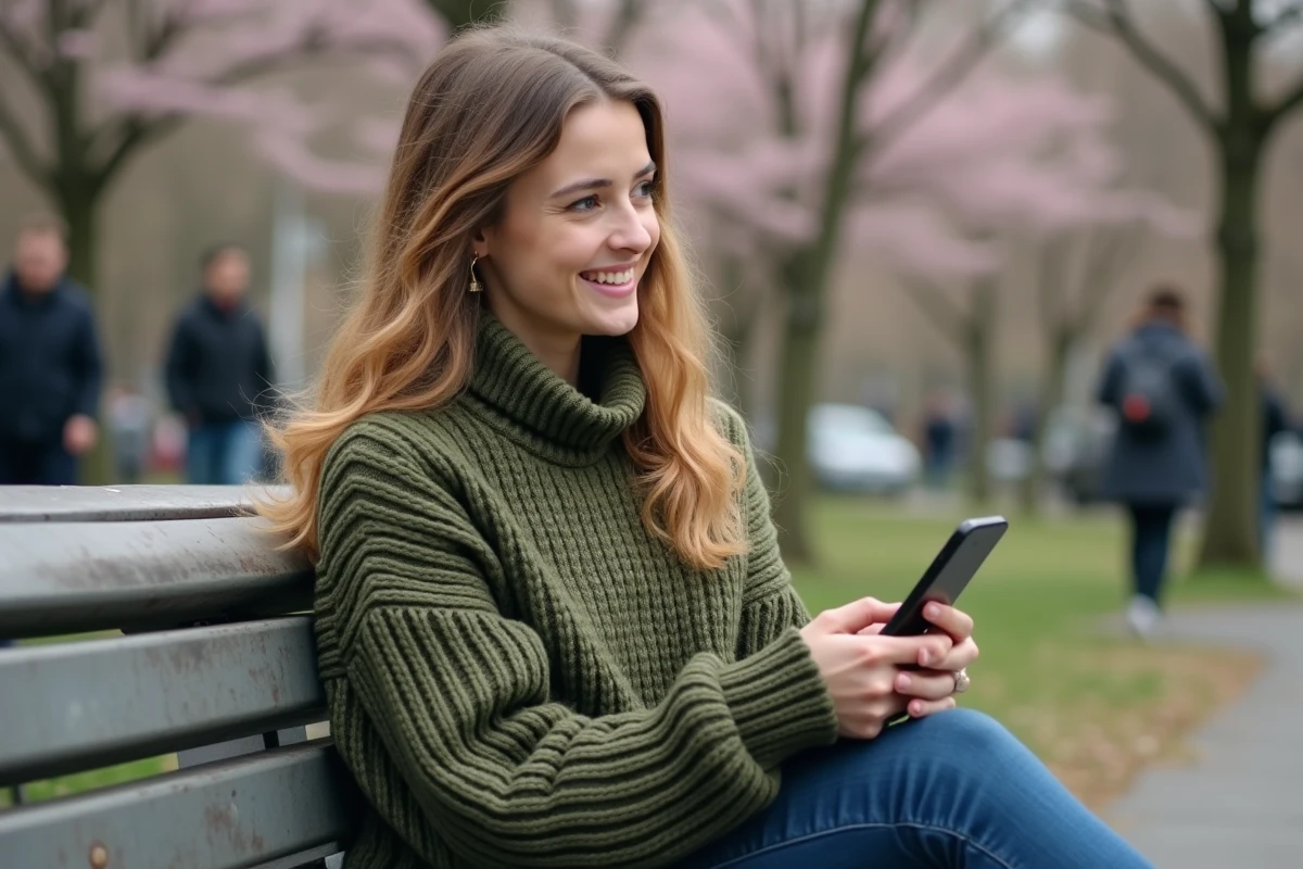 Femme sur un banc de parc utilisant son smartphone