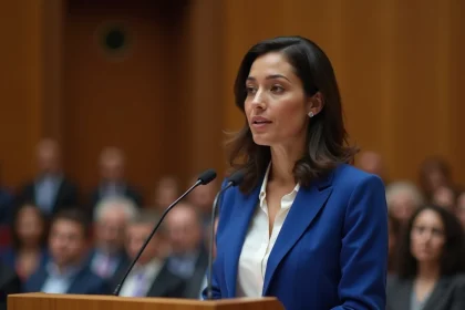 Femme parlant lors d'un événement communautaire en intérieur