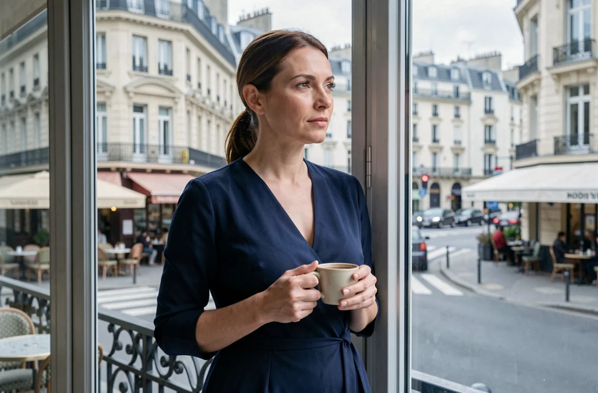 Femme pensive en robe marine tenant une tasse de café près d'une fenêtre avec vue sur Paris, regard introspectif évoquant une vie privée préservée