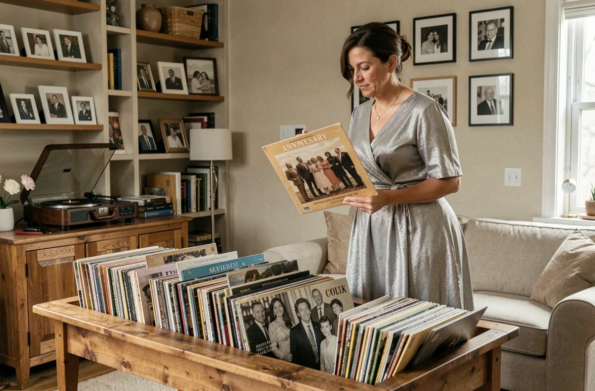 Femme choisissant des vinyles pour créer une playlist romantique à l'occasion de ses noces d'argent dans un salon vintage