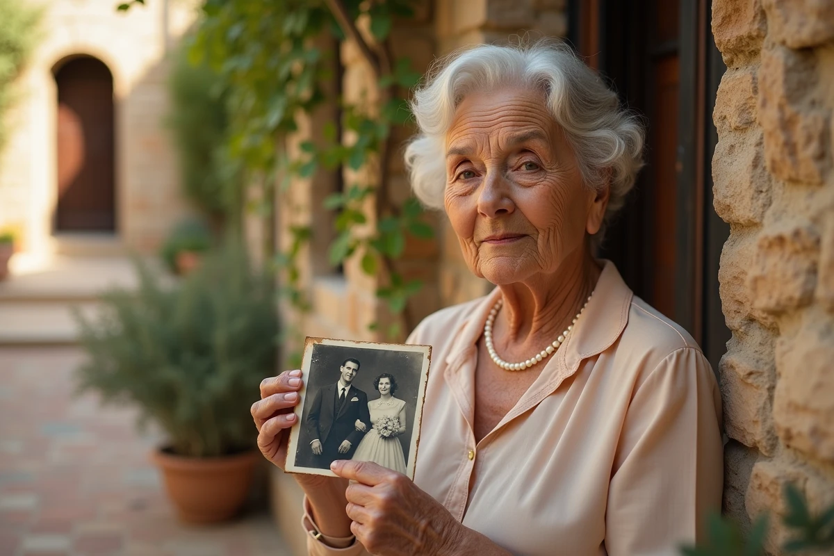 Femme âgée tenant une photo de mariage en plein air