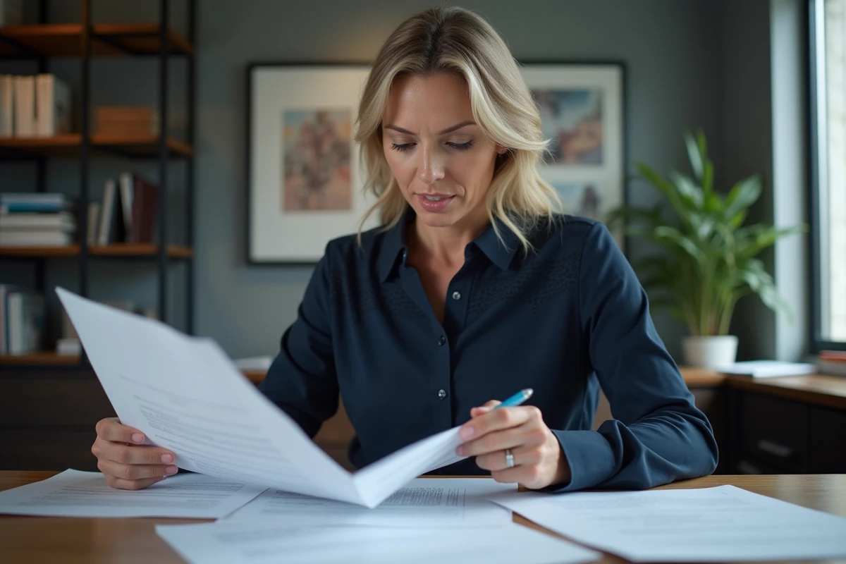Femme professionnelle concentrée à son bureau dans un bureau éditorial moderne, ambiance journalistique contemporaine