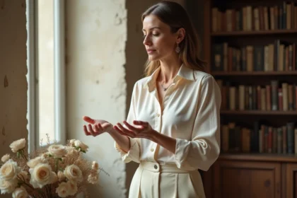Femme élégante tenant une alliance vintage dans sa main ouverte, pensive, dans un appartement parisien au style raffiné