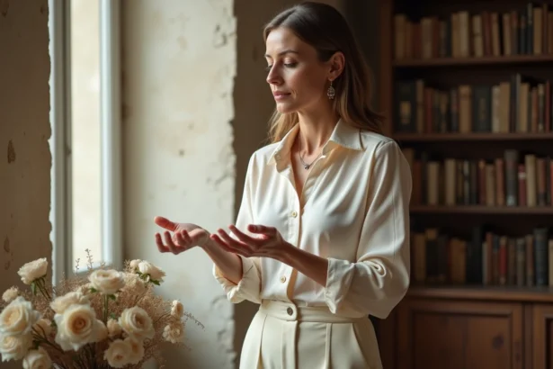Femme élégante tenant une alliance vintage dans sa main ouverte, pensive, dans un appartement parisien au style raffiné