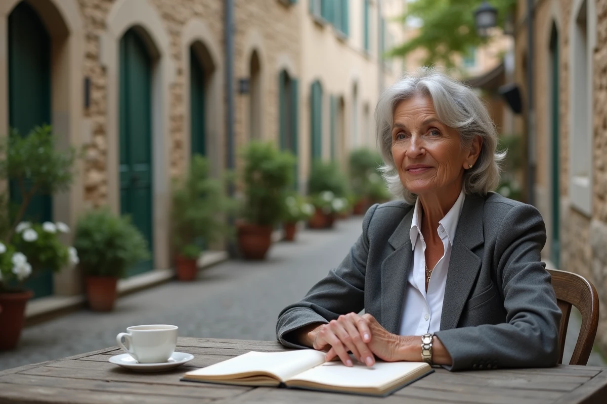 Femme mûre seule en terrasse de café de village français avec un journal et une alliance posée sur la table, air contemplatif