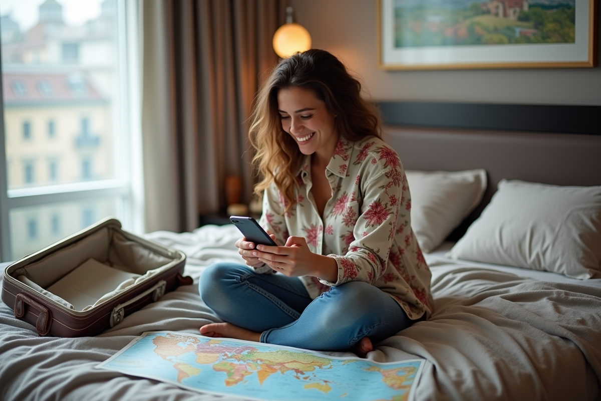 Femme utilisant son smartphone dans une chambre d