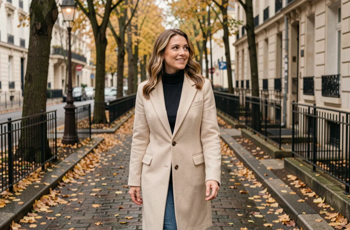 Femme confiante en manteau crème marchant sur un trottoir parisien en automne, allure naturelle et regard expressif évoquant une personnalité publique sous observation