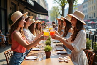 Jeunes femmes riant et toastant avec boissons colorées en terrasse
