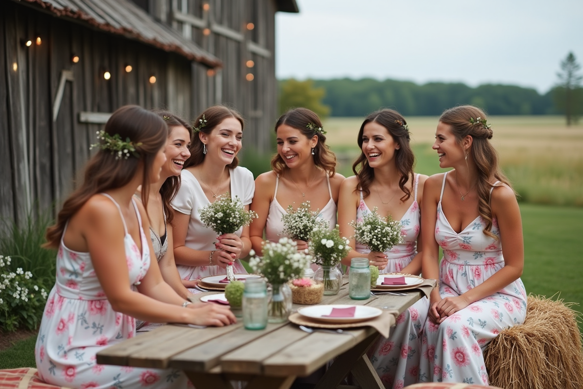 Groupe de femmes souriantes assises sur des ballots de foin lors d