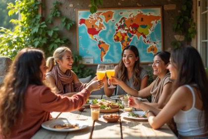 Groupe de femmes partageant des souvenirs de voyage en terrasse