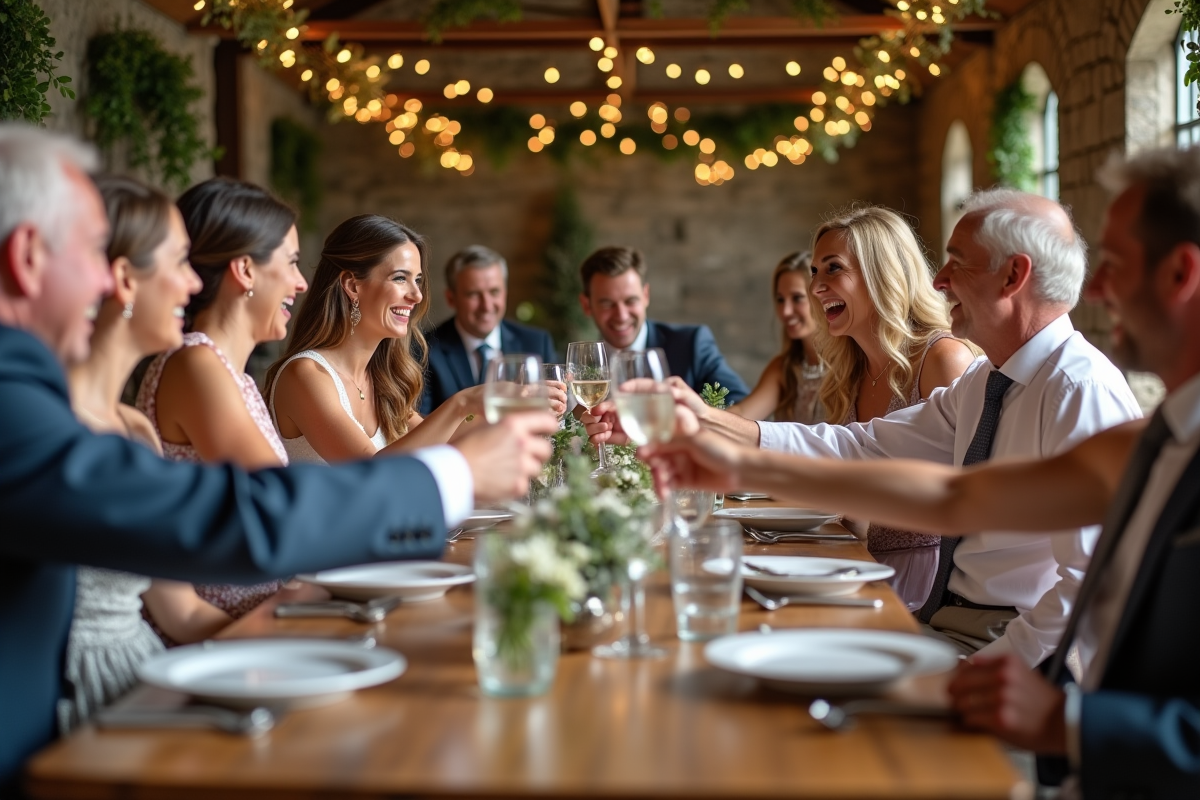 Groupe d invités de mariage partageant un toast convivial