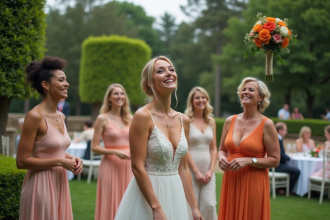 Femme lançant le bouquet lors d’un mariage en extérieur