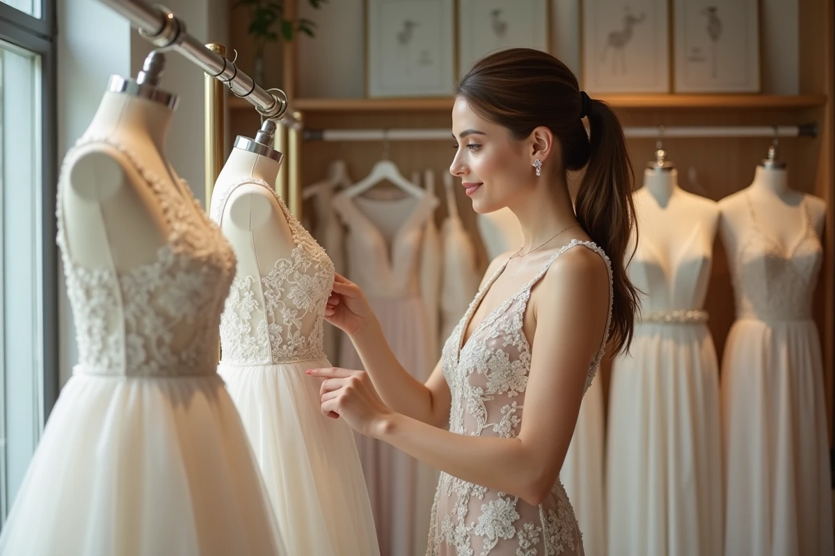 Jeune femme choisissant une robe dans une boutique chic