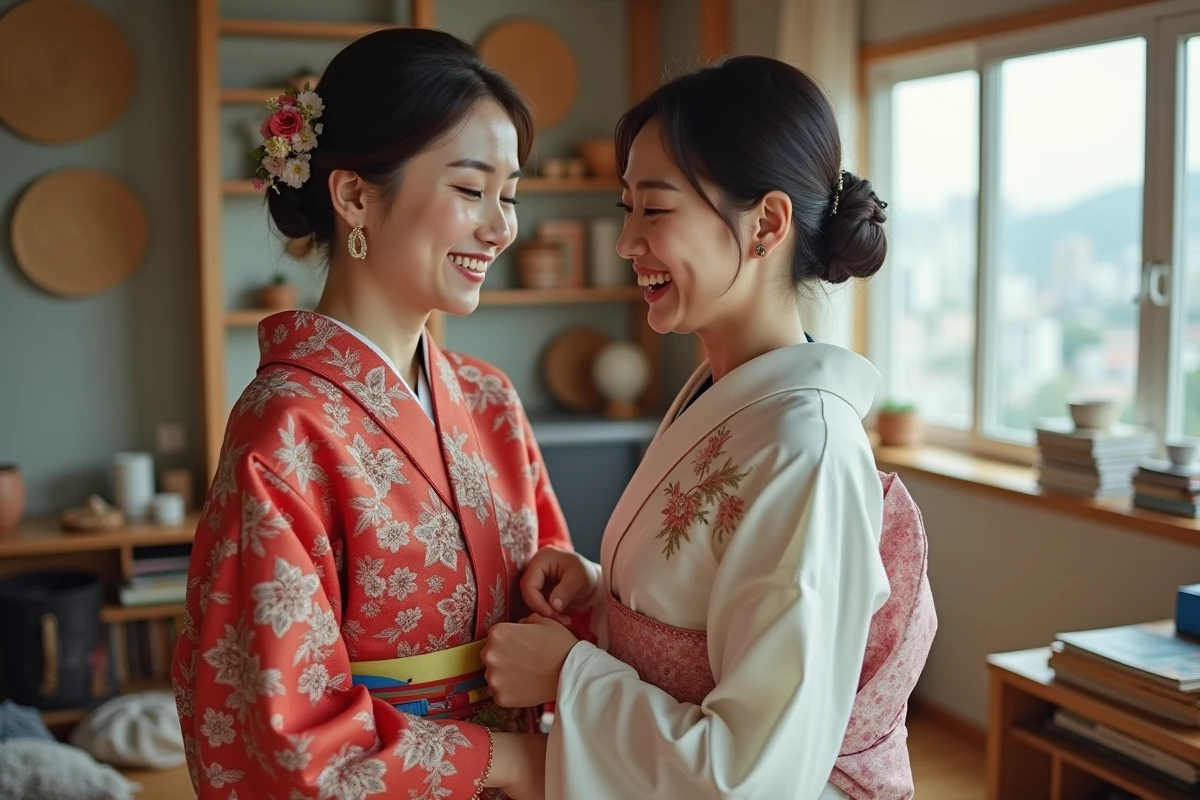Jeune femme en kimono traditionnel dans un intérieur cosy