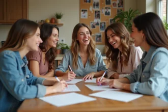 Filles riant lors d'un jeu d'evjf à la maison