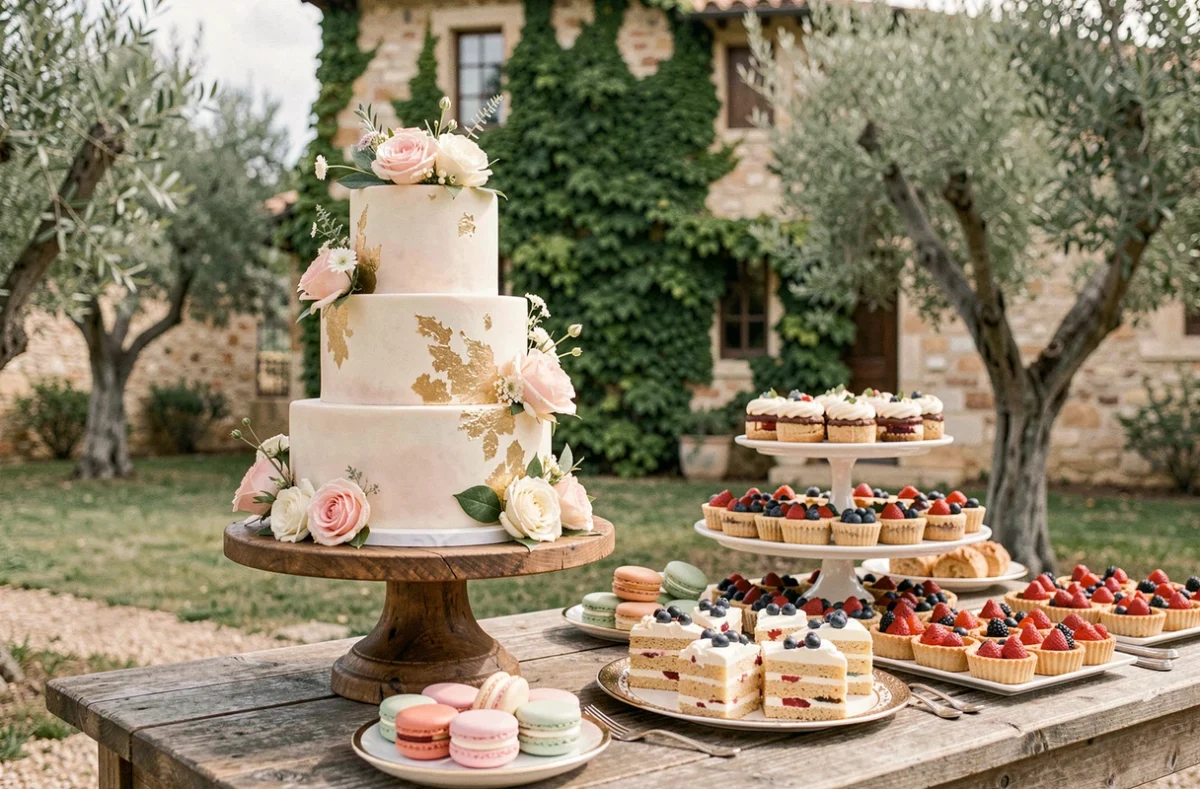 Pièce montée et table de desserts de mariage avec macarons et mille-feuilles sur une terrasse provençale en pierre