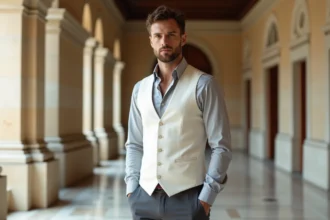 Marié en gilet blanc lin lors d'une cérémonie civile dans un couloir de mairie française