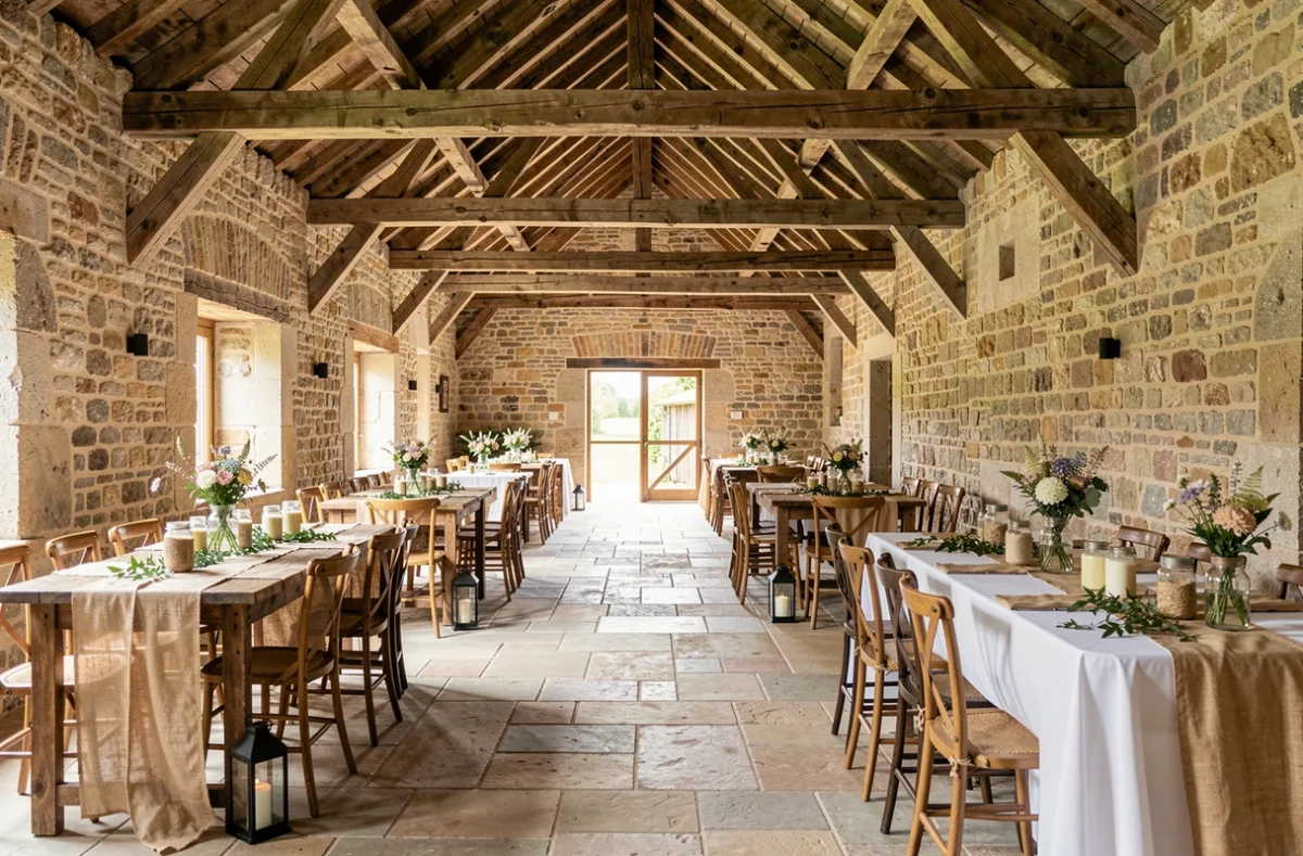 Intérieur des Granges de Port Royal aménagé pour un mariage avec poutres apparentes et décoration rustique en pierre