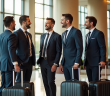 Groomsmen discutant dans un hall lumineux pour un mariage