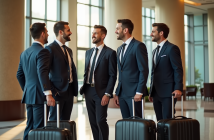 Groomsmen discutant dans un hall lumineux pour un mariage