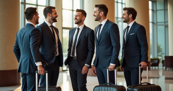 Groomsmen discutant dans un hall lumineux pour un mariage