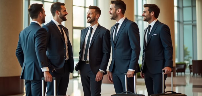 Groomsmen discutant dans un hall lumineux pour un mariage