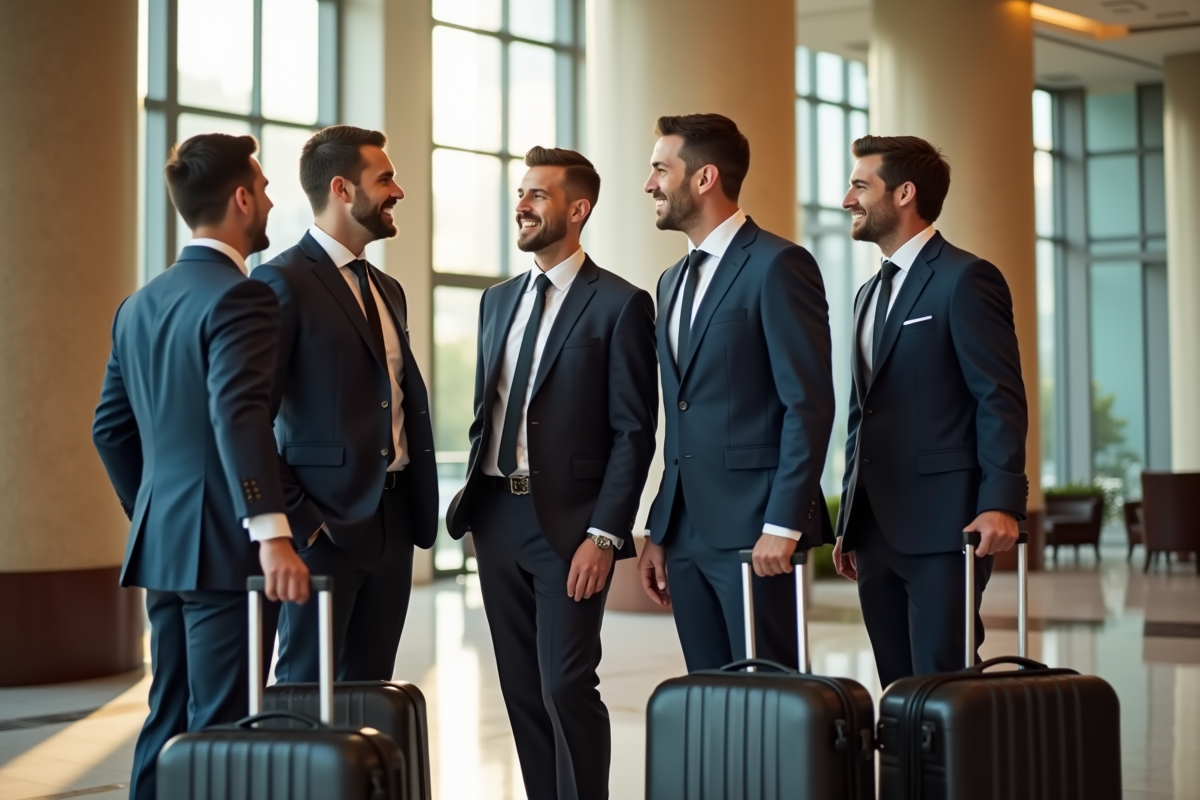Groomsmen discutant dans un hall lumineux pour un mariage