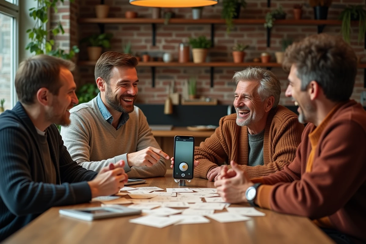 Groupe d'adultes jouant au jeu des douze mois autour d'une table avec des fiches de jeu et un smartphone diffusant de la musique