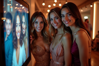 Trois jeunes adultes posant devant un photobooth lors d'une fête