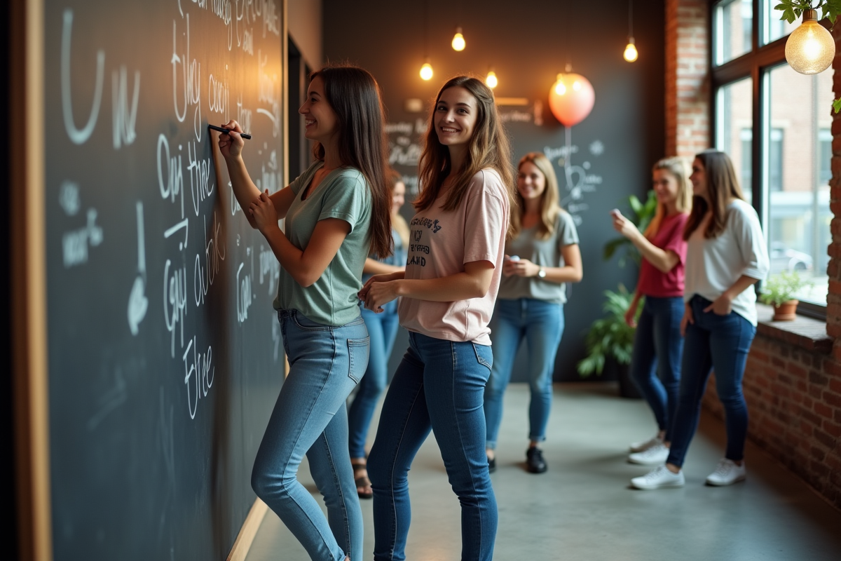 Jeunes femmes et hommes écrivant sur un tableau dans un loft moderne