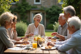 Groupe d'adultes et seniors autour d'un brunch en plein air