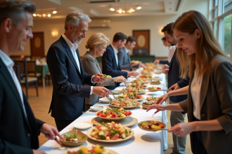 Groupe de personnes autour d'un buffet convivial en intérieur