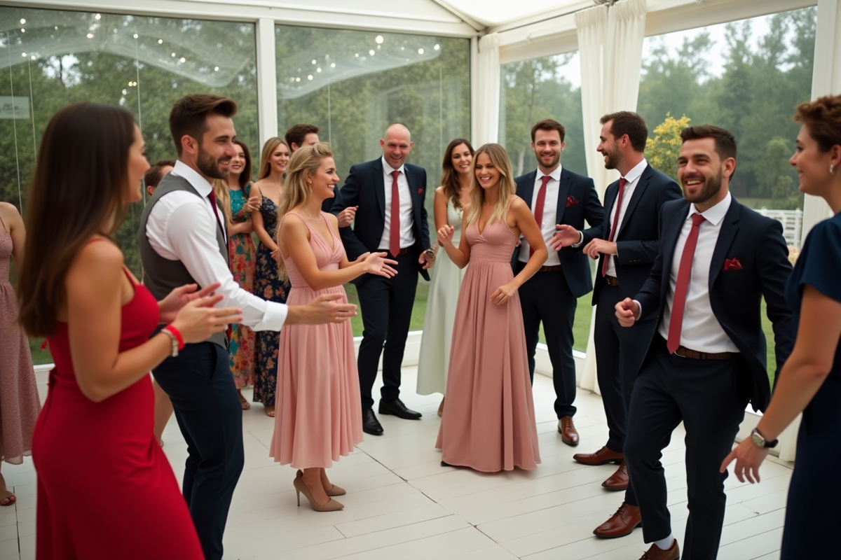 Groupe d’invités dansant autour du DJ dans une tente élégante