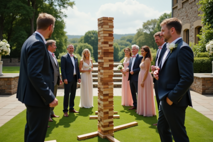 Invités de mariage jouant à Jenga en extérieur