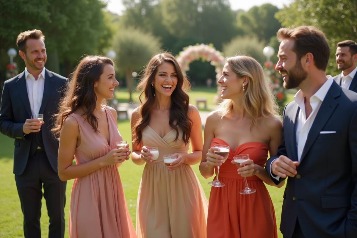 Groupe d invités de mariage souriants dans un jardin