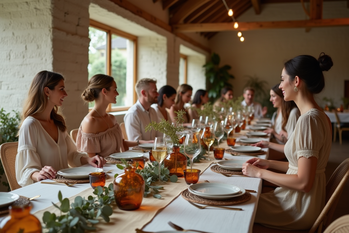 Groupe d invités élégants autour d une table de mariage en ferme