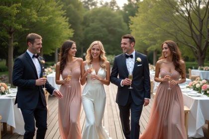 Invités de mariage dans un jardin en plein air