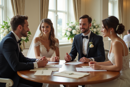 Quatre personnes en tenue de mariage discutent autour d'une table élégante