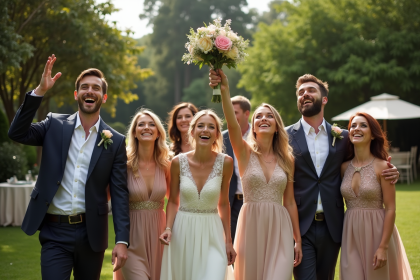 Groupe d'invites de mariage riant en plein air