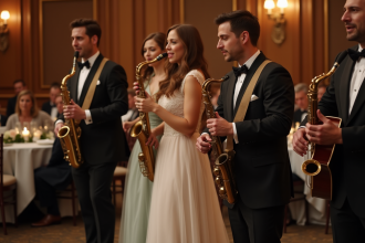 Groupe de musiciens en live lors d'un mariage élégant