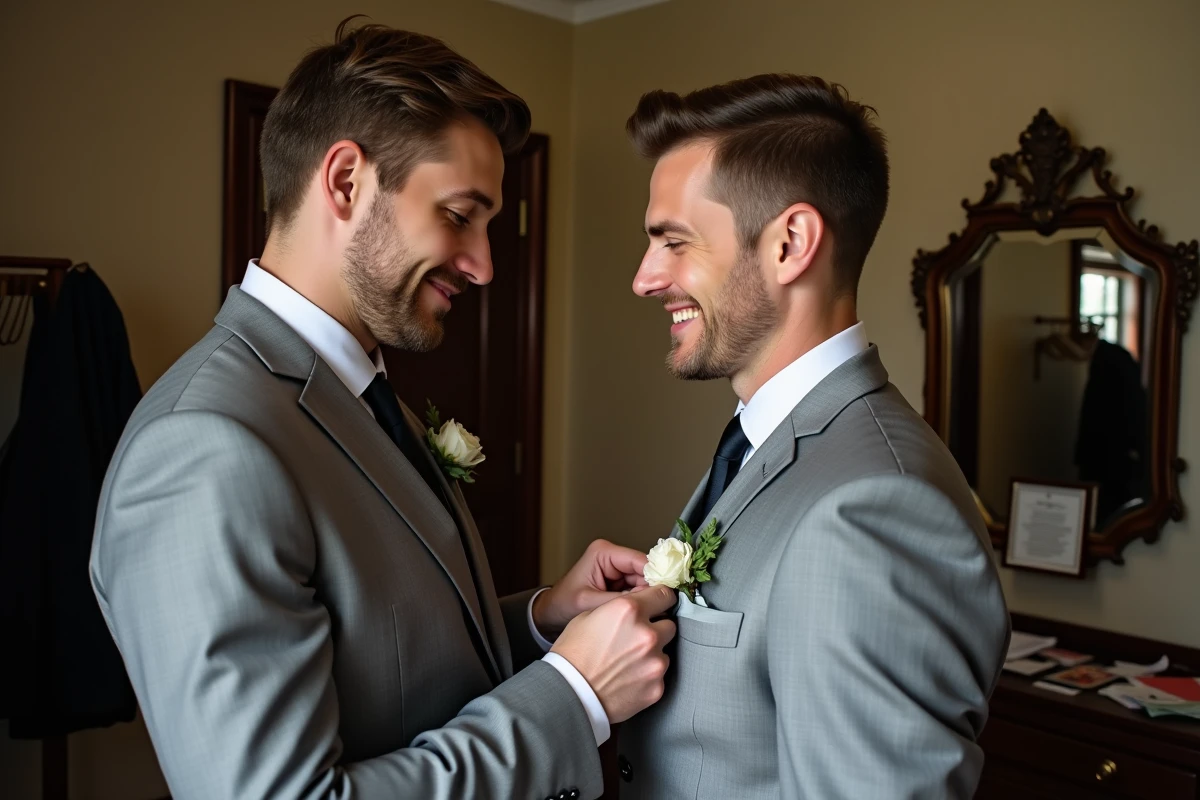 Jeune homme fixant une boutonnière sur le costume du marié